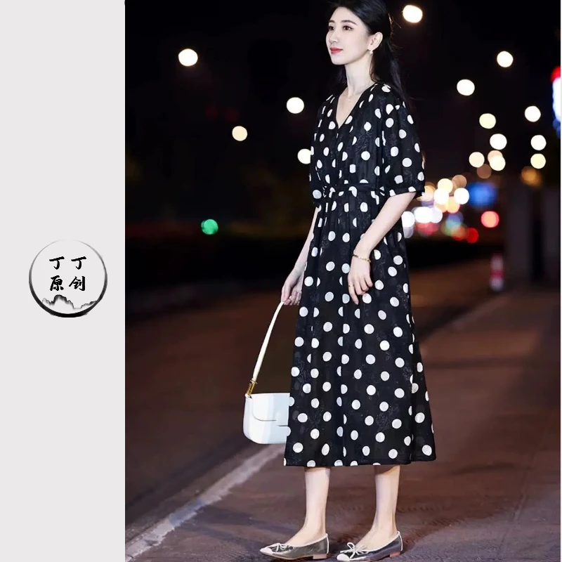 0584烧花黑波点透气裙子妈妈装夏装洋气气质女装连衣裙显瘦时尚