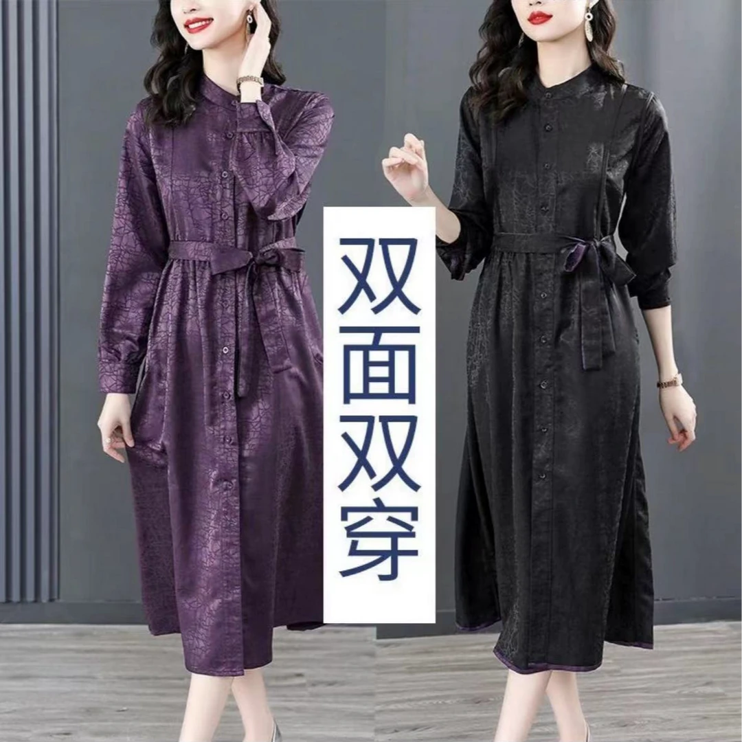 0564透气裙子紫黑双面风衣妈妈装高贵新款女装连衣裙洋气收腰