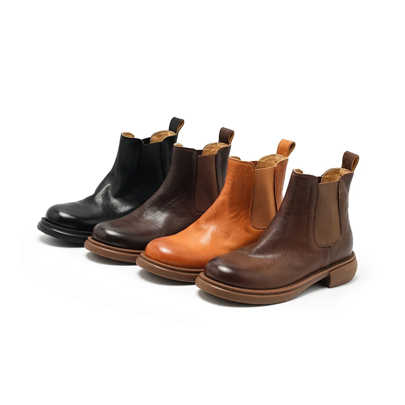 6818-59洗水牛皮秋冬百搭短靴英伦风切尔西靴复古女鞋中跟厚底靴