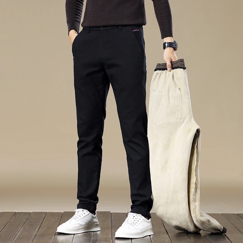 男士休闲裤加绒加厚秋冬季修身保暖男裤百搭裤子男商务休闲裤
