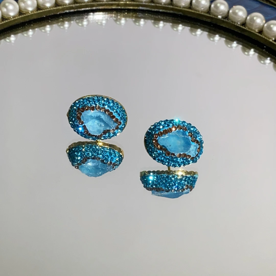 铜合金合成锆石耳饰 TTSD 蓝色不规则裸面时尚轻奢耳钉欧美165eh