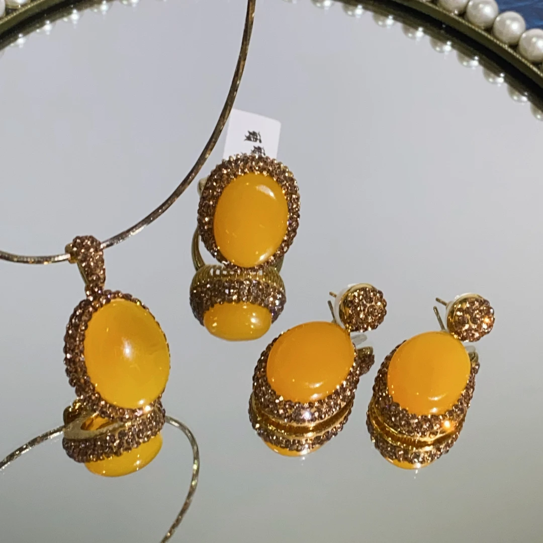 铜合金合成锆石戒指 TTSD 黄色椭圆形时尚经典百搭戒指三件套7050