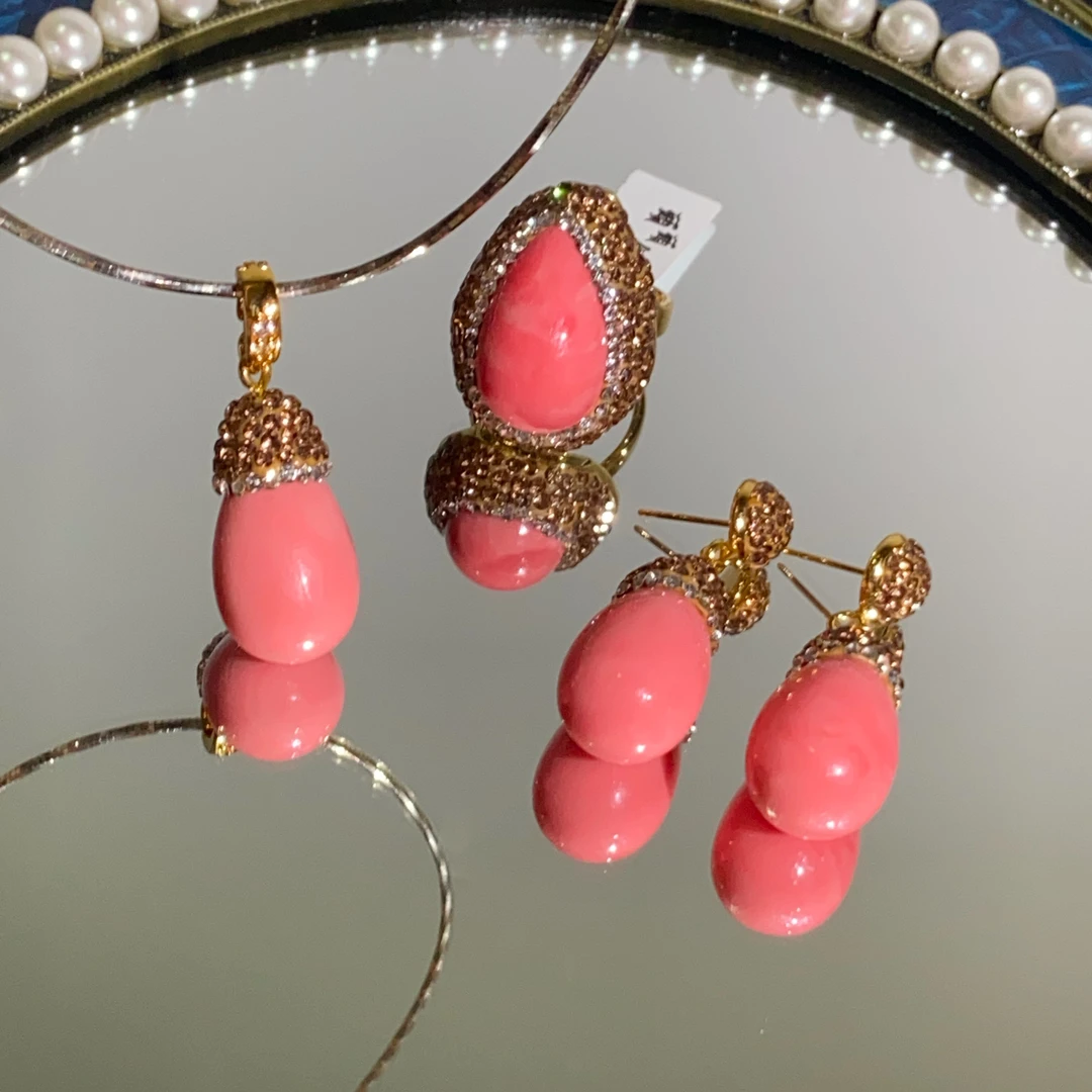 铜合金合成锆石吊坠 TTSD 粉色设计款时尚个性法式吊坠三件套8460