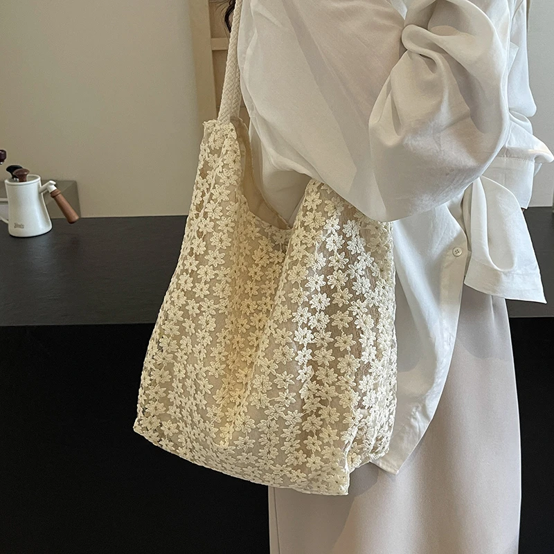 夏季法式ins甜美立体勾花网纱女生单肩托特包温柔仙女文艺腋下包