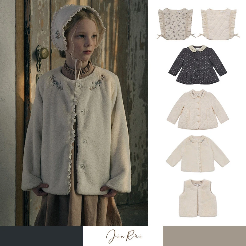 2024新款 LOU毛毛外套长袖菱形格外套女童黑花棉服马甲外套中厚款