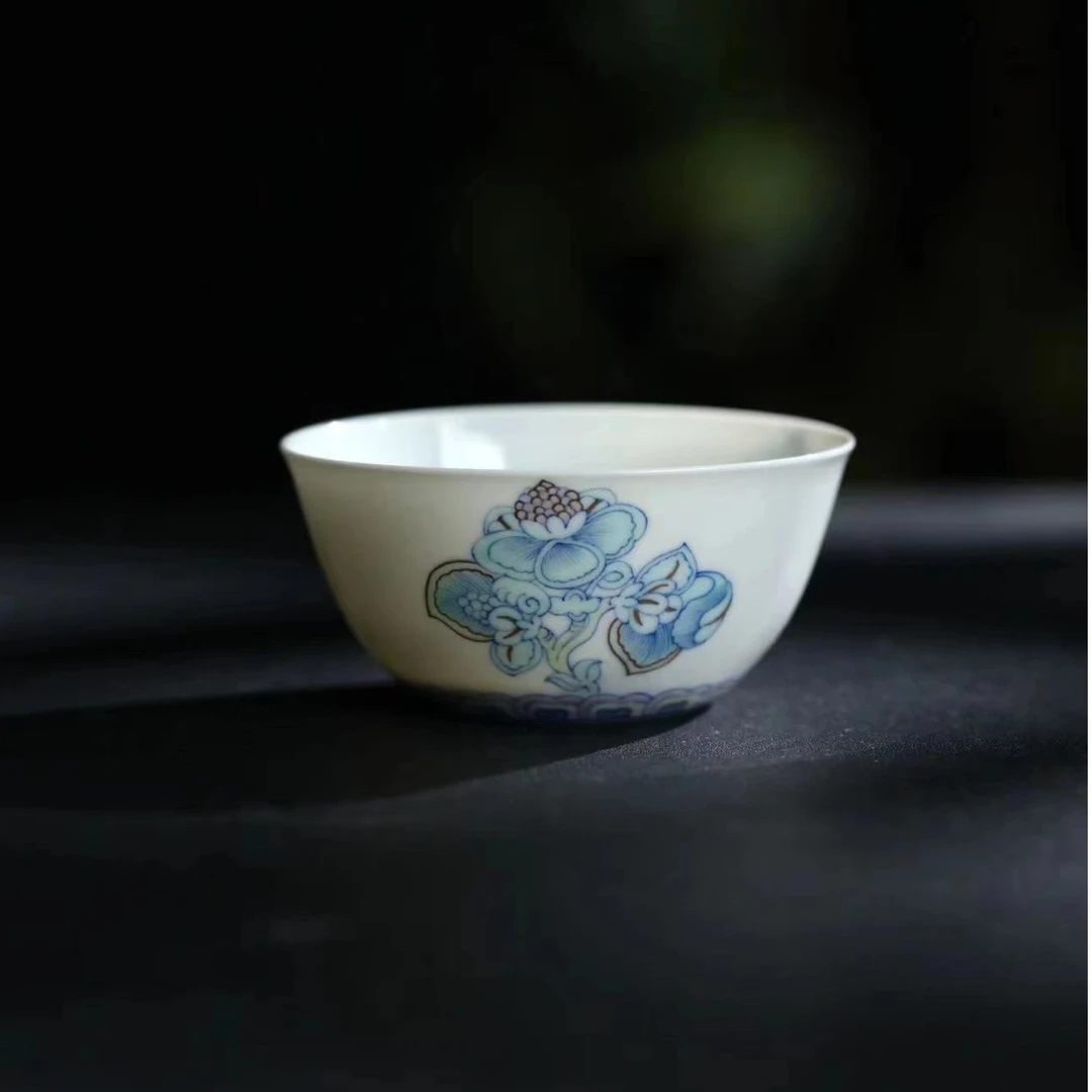 景德镇景雨工坊斗彩向阳花卧足杯手工手绘
