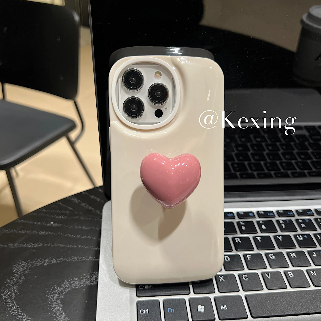 【苹果】ins韩小众甜心大孔陶瓷粉色爱心支架手机壳iPhone14