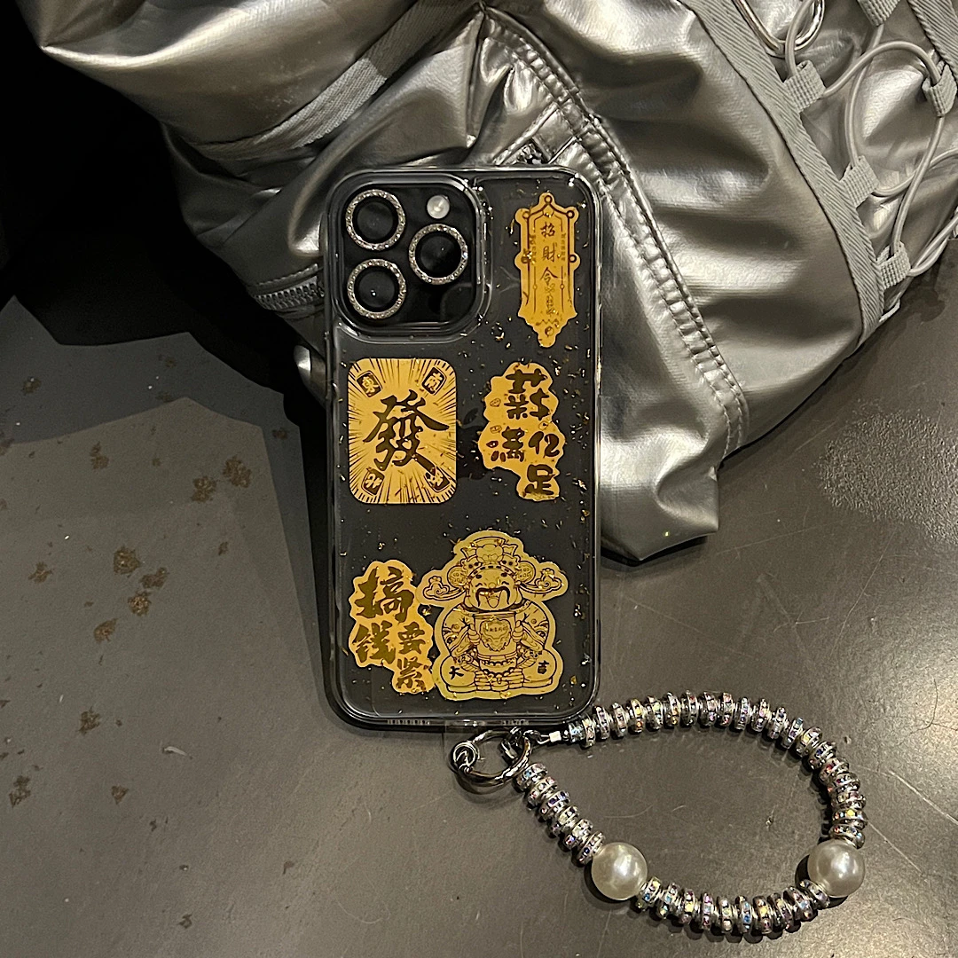 国风财神iPhone16滴胶金箔手机壳15pro透明适用苹果系列13/12/11