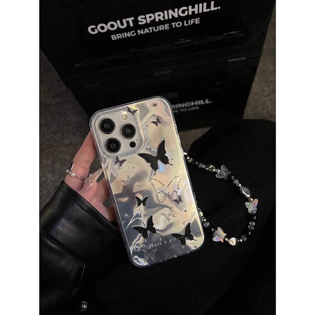 小众设计感iPhone15炫彩蝴蝶苹果13pro手机壳链条适用苹果系列12