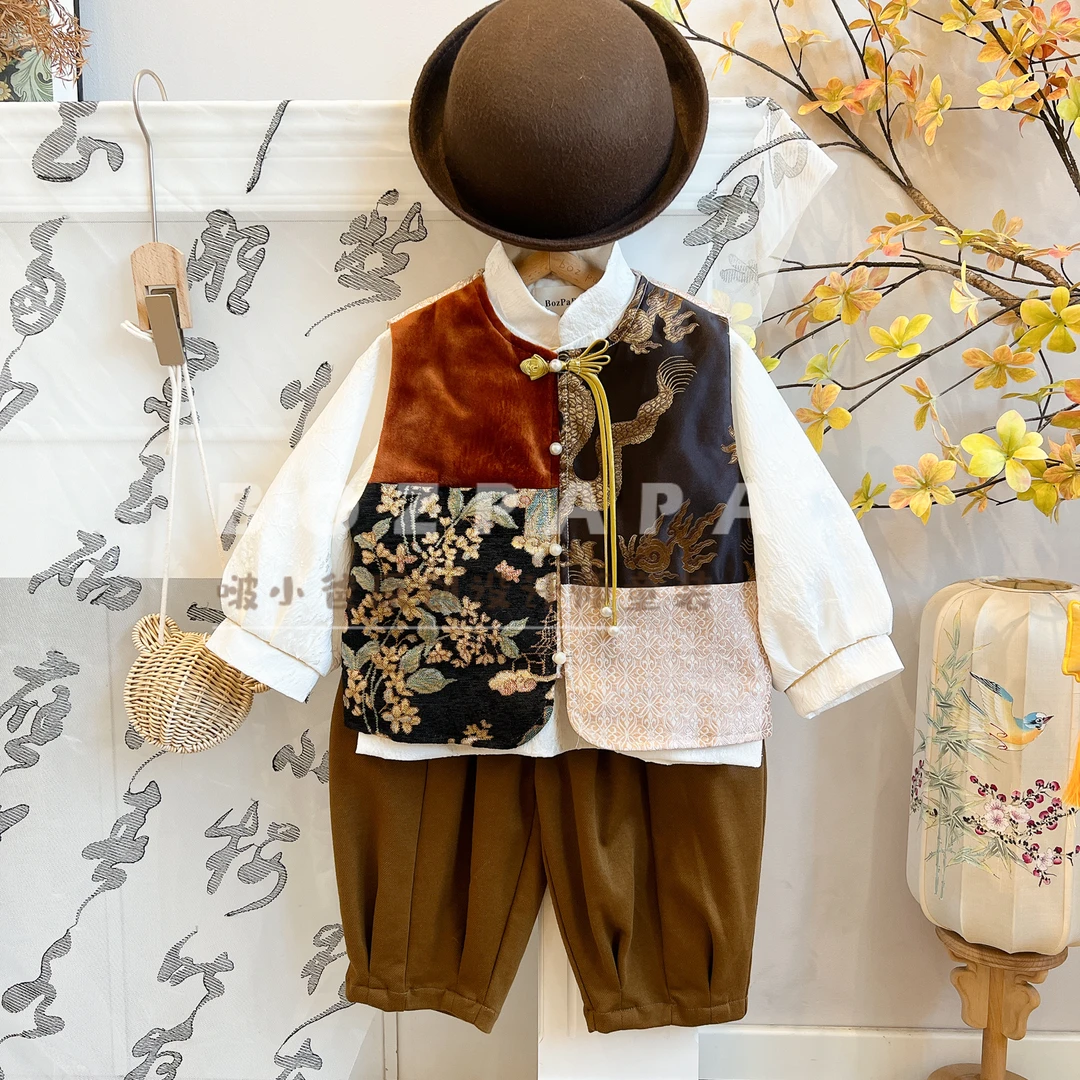 现货【琉璃影套装】新中式25春季儿童刺绣拼接珍珠龙须扣马甲三件套