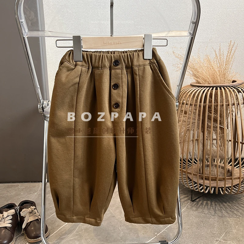 BOZPAPA【现货】洋气小纽扣西裤男童春秋款2023新款儿童纯色休闲裤