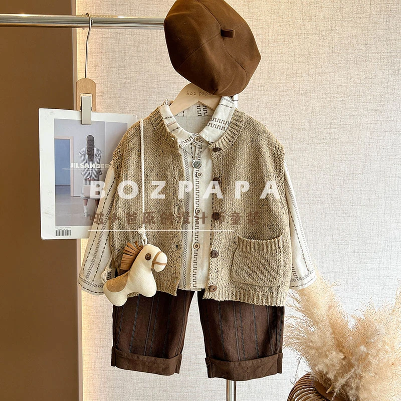【燕麦酸奶】韩版2024新款男宝针织马甲开衫儿童时髦洋气宝宝套装