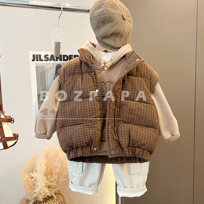 BOZPAPA现货【落日屋梁】格子厚实棉服马甲23冬季新款男童加厚外套