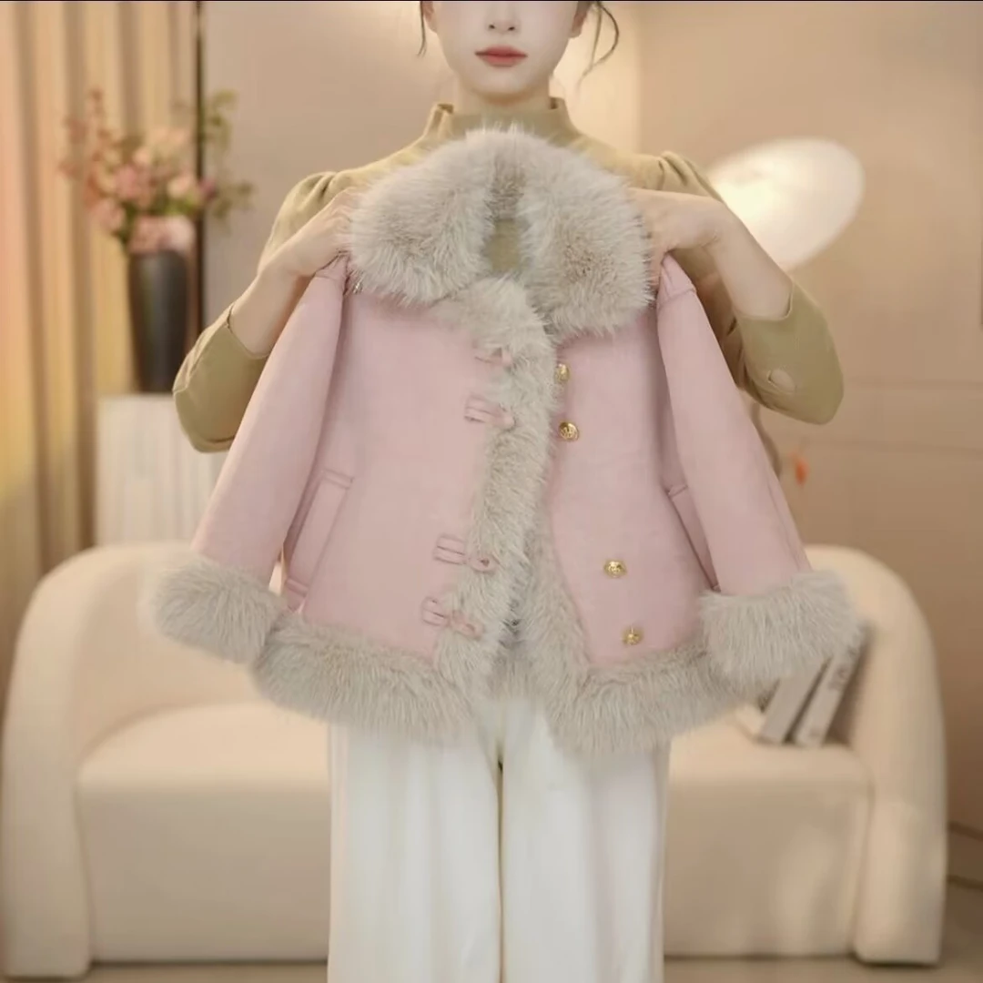 女童秋冬皮毛一体外套2024新款儿童女中大童洋气冬季加绒加厚上衣