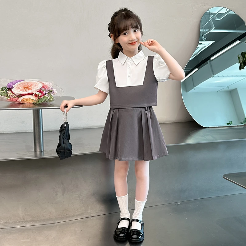 女童夏款学院风套装2024新款洋气女大童夏季短袖百褶裙裤两件套潮