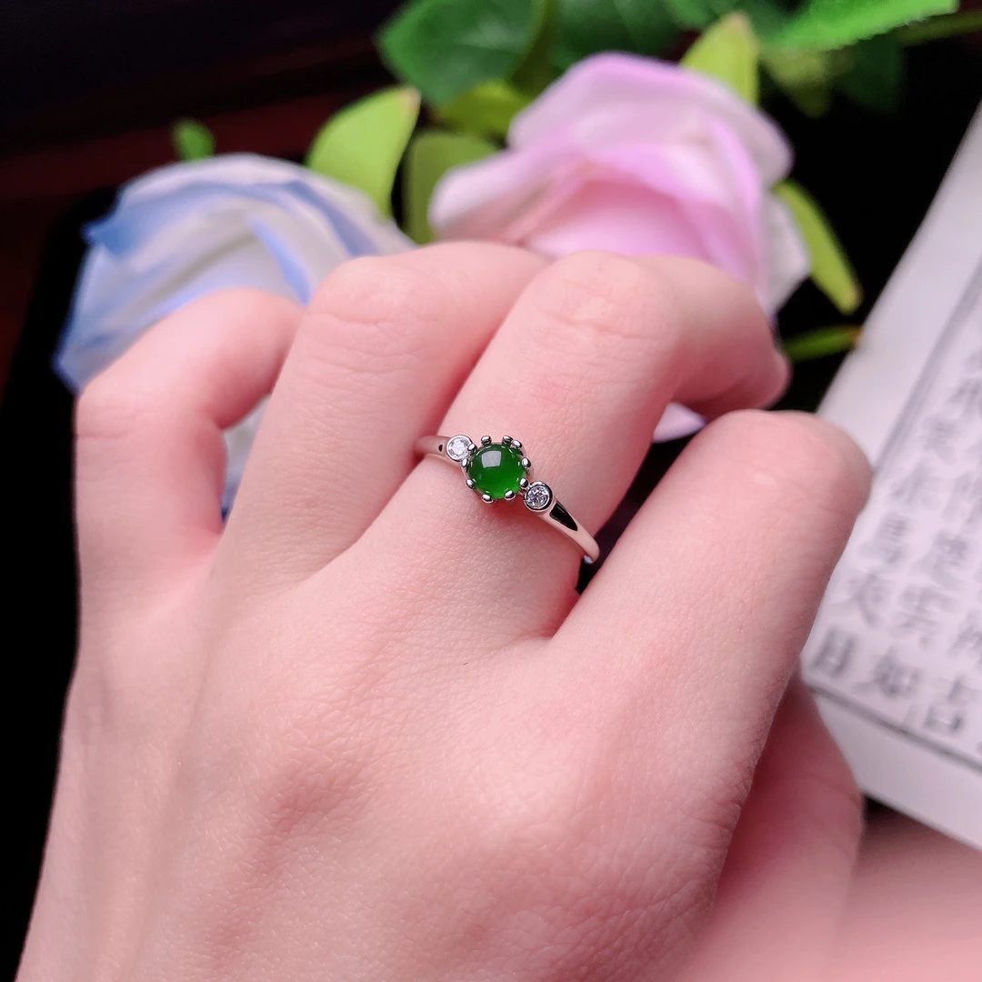 A5035天然翡翠高冰玻璃种满绿冰阳蛋面开口调节戒指高端奢华设计