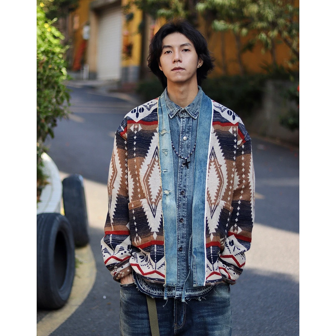 日系复古拼接道袍夹克毛呢牛仔拼接外套开衫休闲宽松民族风上衣男