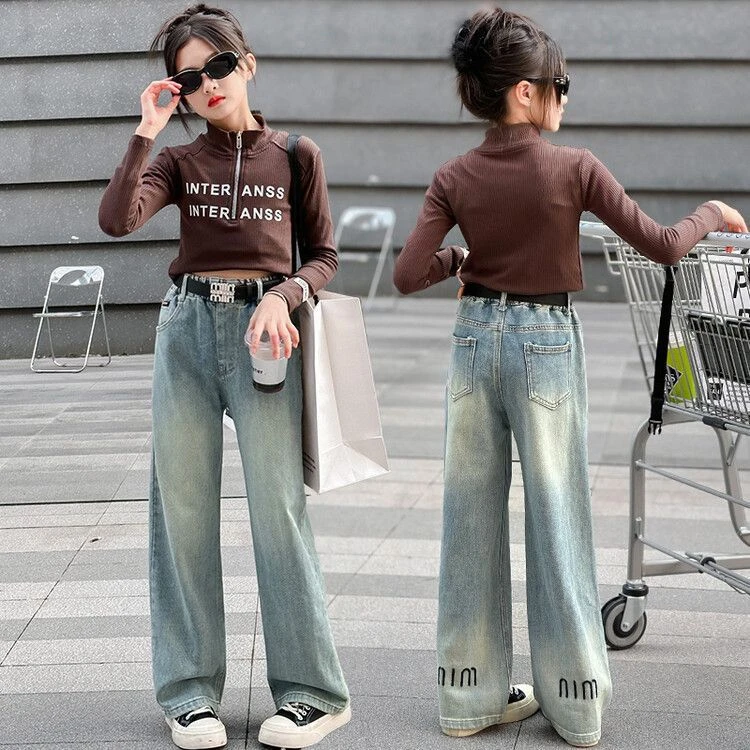 女童牛仔阔腿裤2025显瘦高腰宽松百搭中大直筒裤垂感好韩版拖地裤