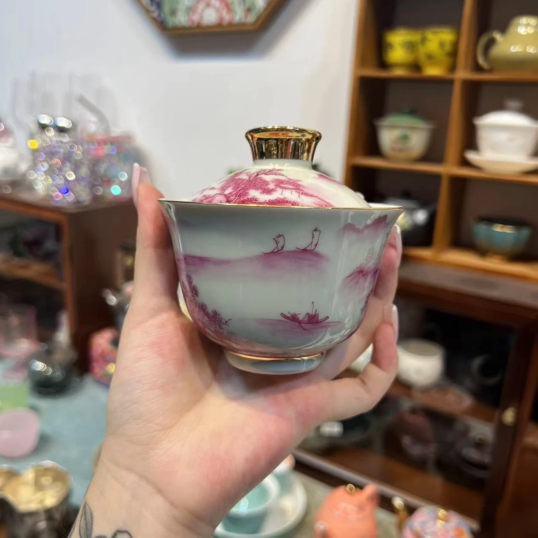 胡子 高端盖碗成艺掐金珐琅彩内青花玛瑙红山水盖碗茶碗茶杯 5333
