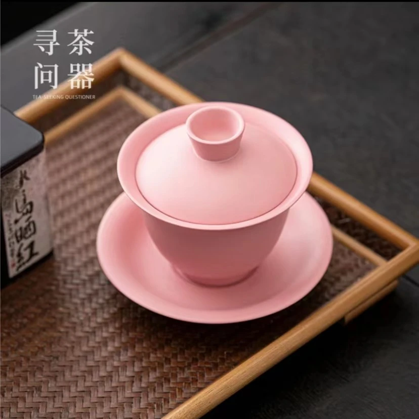 问器 叶林强粉紫砂八方来财三才盖碗粉色泡茶碗茶杯瓷盖碗 3484