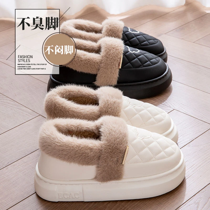 冬季防水棉鞋女款2024新款室内家居厚底包跟外穿毛毛绒棉拖鞋男士