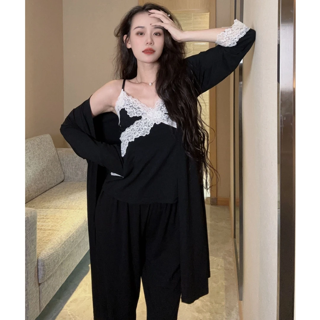 (带胸垫)三件套睡衣女秋冬春睡袍长袖性感蕾丝纯欲黑色家居服套装
