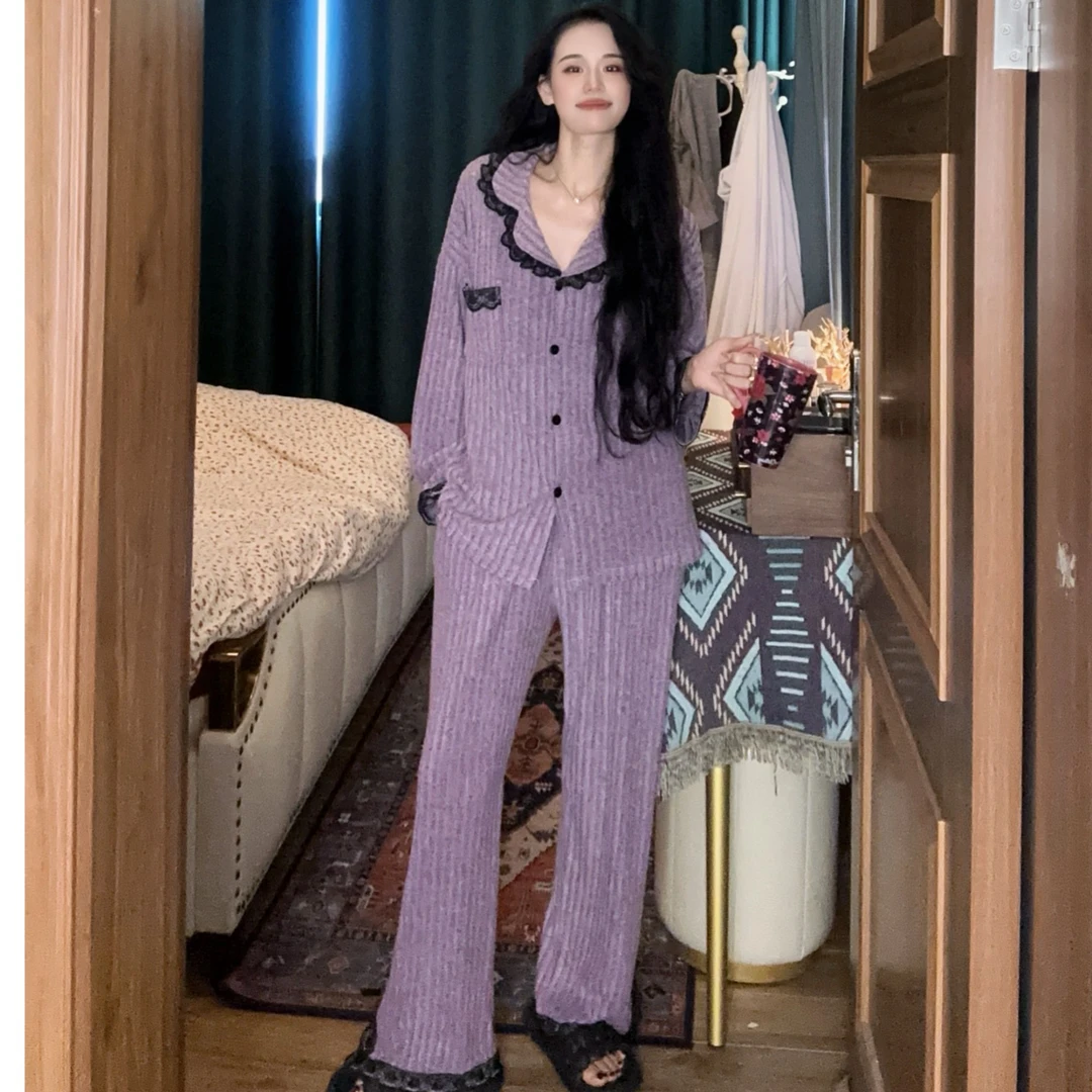(羊密绒)保暖睡衣女秋冬薄绒丝绒气质小香风女士家居服套装紫色