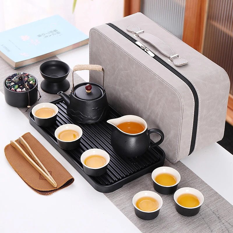 子规黑陶日式旅行茶具套装便携式创意粗陶井栏壶盖碗茶具茶叶罐装