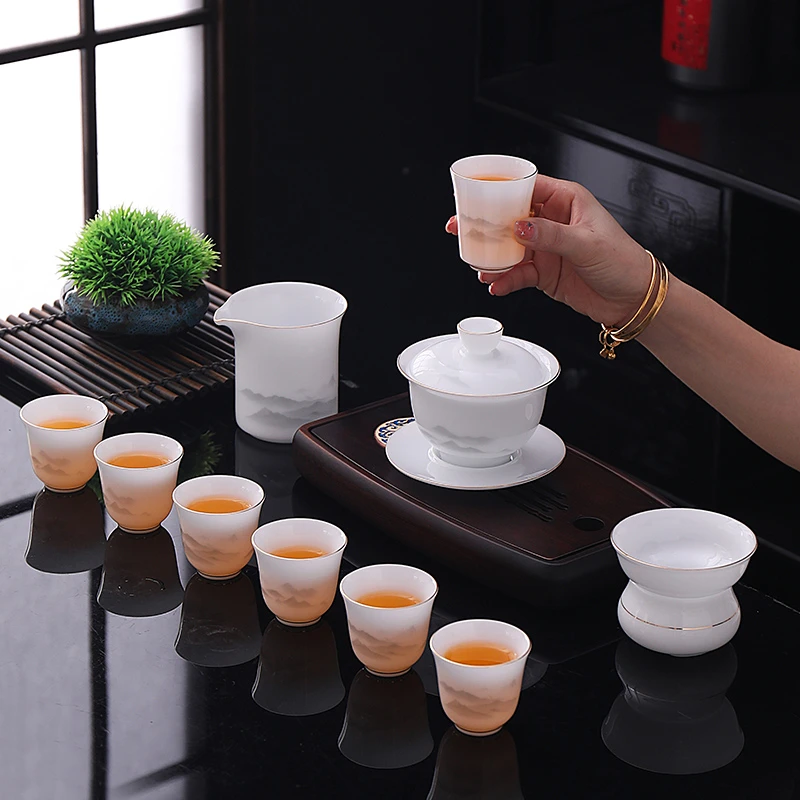 子规冰种功夫茶具套装简约主人杯盖碗公道杯茶壶茶盖碗描金礼盒装