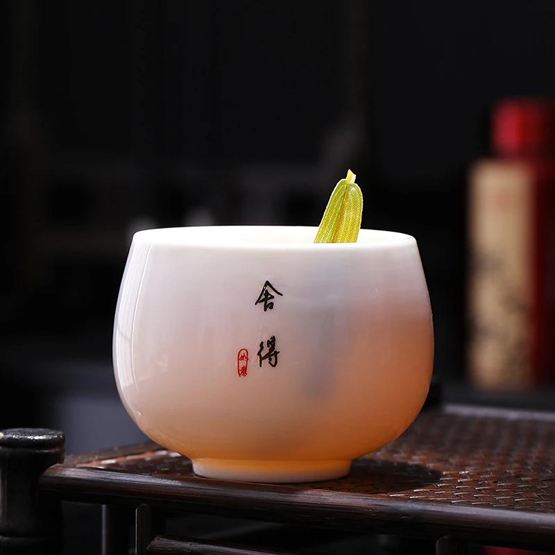 子规羊脂玉茶具杯陶瓷主人杯家用大号中式创意刻字手工茶杯个人杯