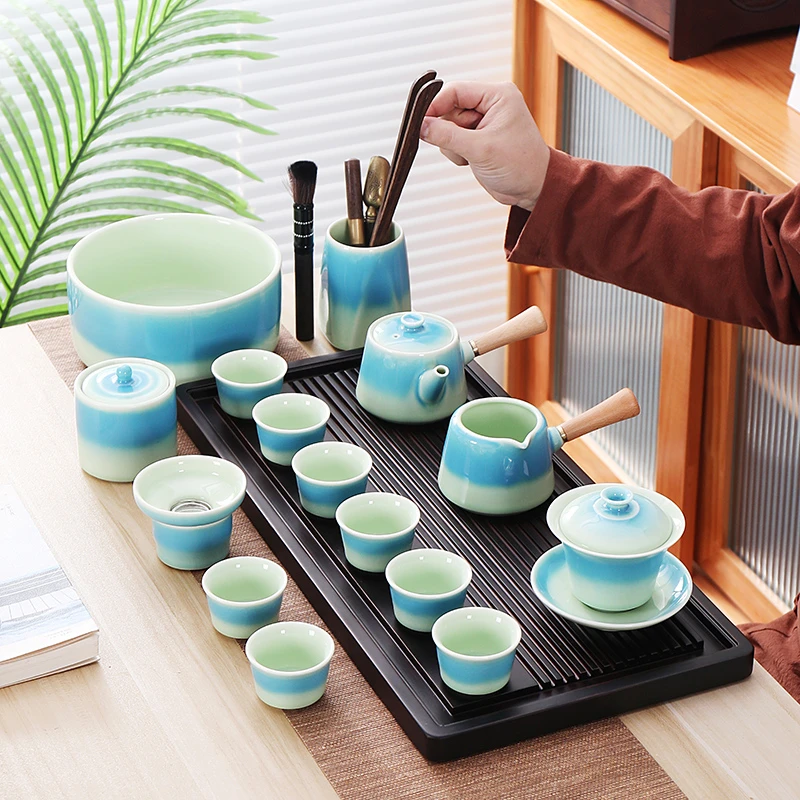 子规渐变功夫茶具套装家用简约中式茶道瓷盖碗茶具套装高端全自动