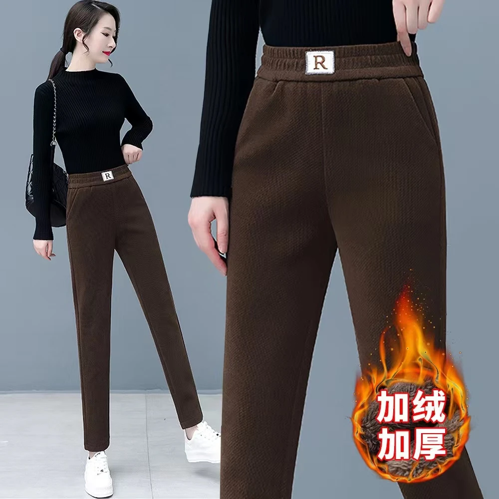 r标保暖加绒加厚北极绒休闲裤女冬季新款高腰显瘦小脚裤哈伦裤女
