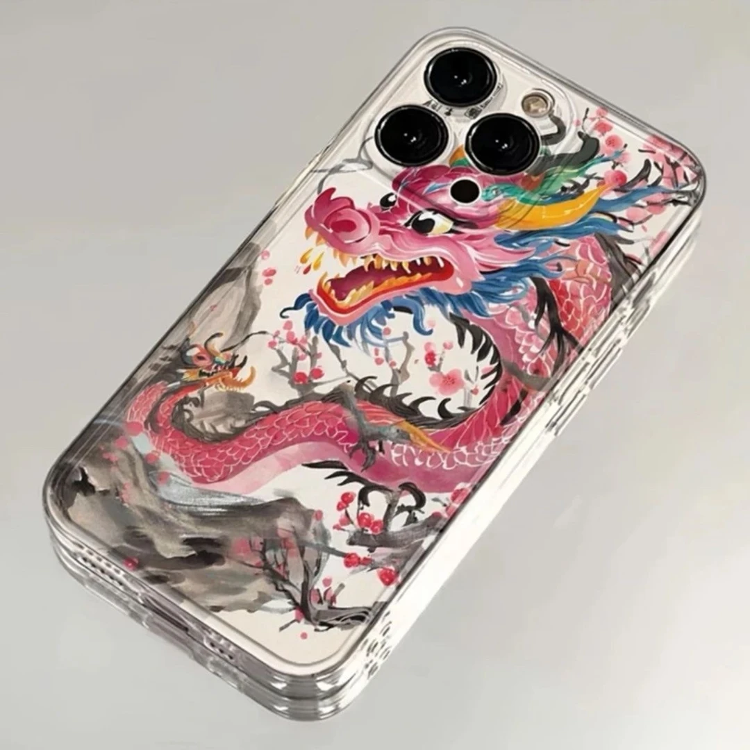 龙年粉色泼墨适用苹果15手机壳iPhone11软/12/13透明14promax创意