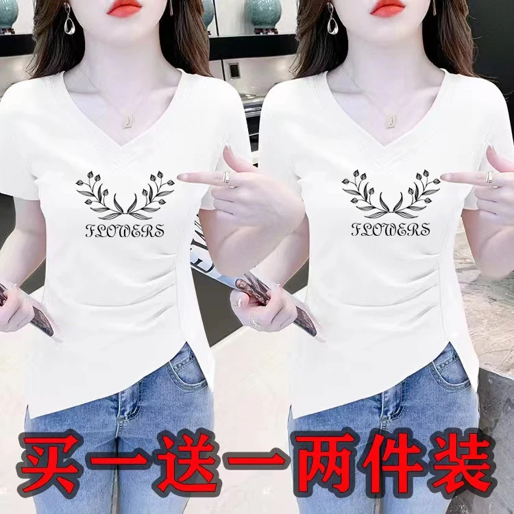新款夏季时尚印花潮ins纯棉V领短袖t恤女休闲修身百搭显瘦上衣