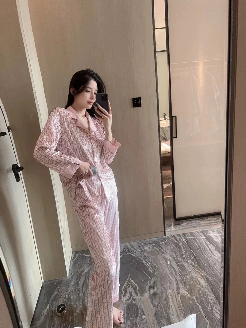 睡衣套装睡衣蕾丝气质长袖时尚休闲家居服粉色宽松显瘦网红睡衣