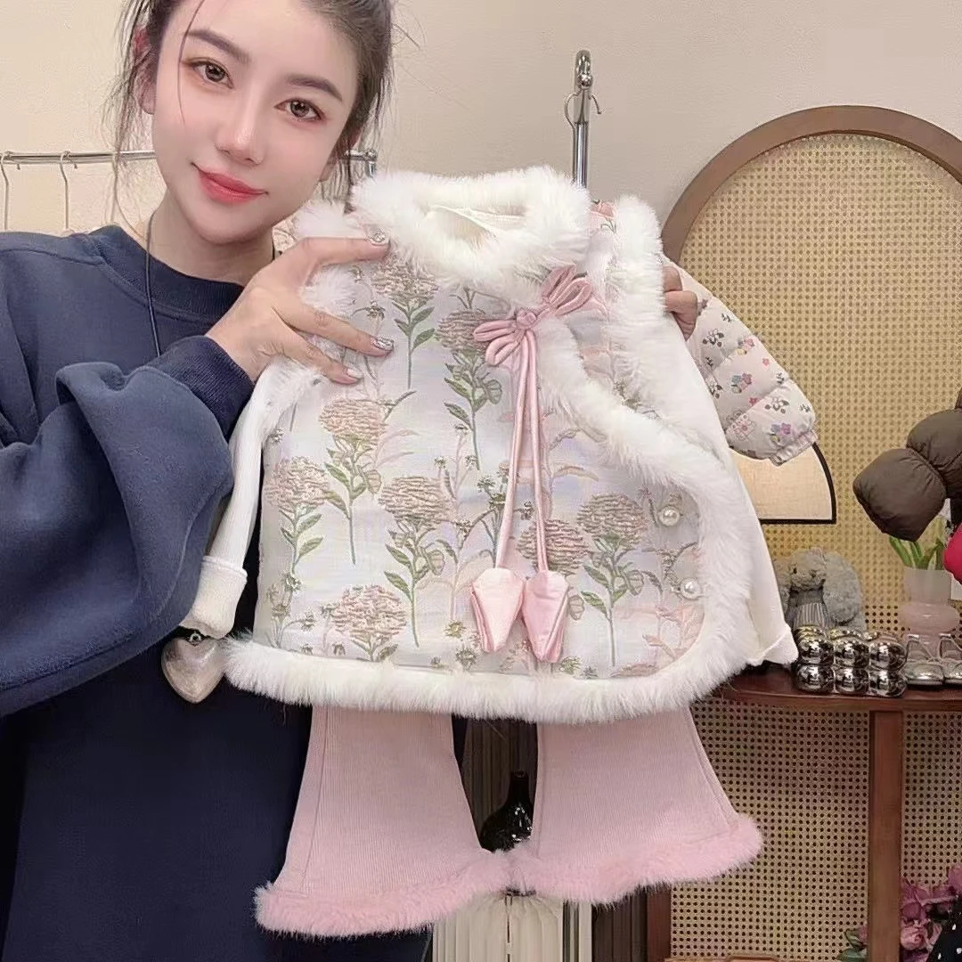 旗袍女童新中式马甲2024秋冬季新款国风旗袍女宝宝背心唐装套装