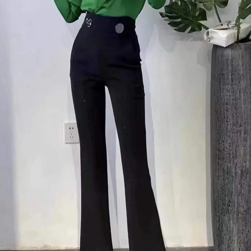 春秋时尚显瘦百搭高腰两粒扣微喇裤长裤黑色垂感微喇叭喇叭裤修身
