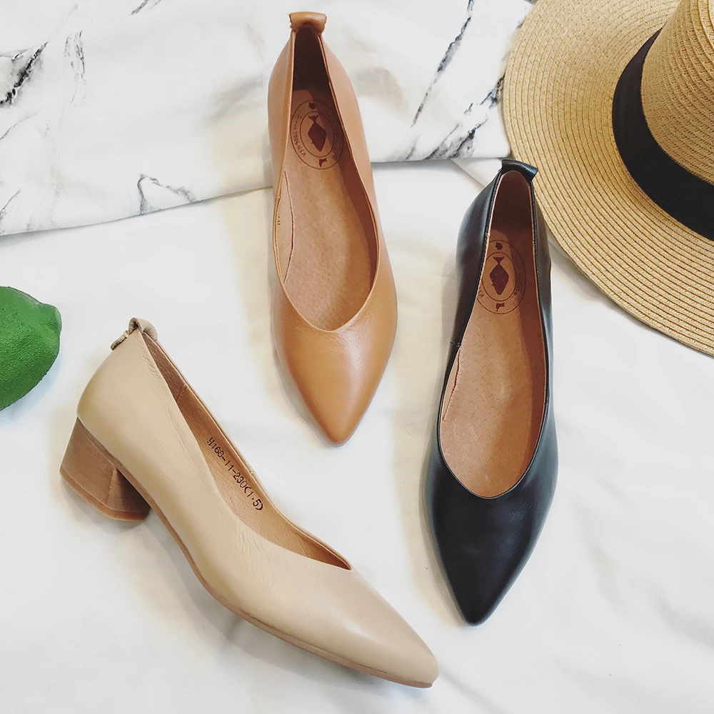 昔子168-11春季新款粗跟牛皮尖头单鞋百搭浅口女鞋中跟工作鞋通勤