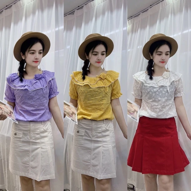 遮肚子荷叶领提花镂空娃娃领洋气气质时尚设计感上衣