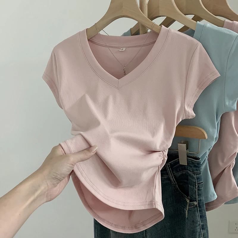 v领不规则收腰褶皱t恤夏季百搭纯色短款修身设计感正肩短袖上衣女