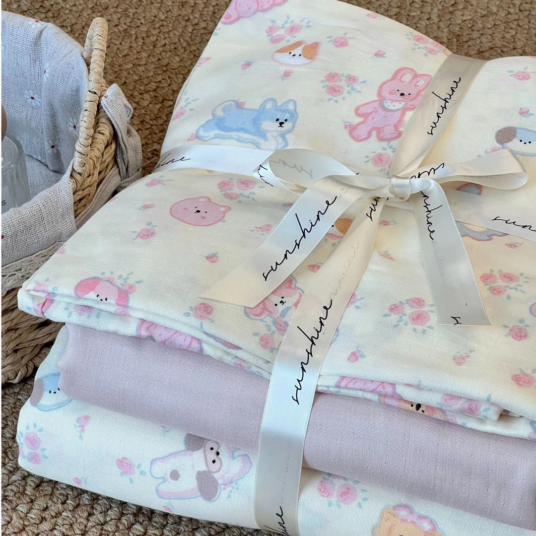 不带花边款母婴A类柔软双层纱纯棉四件套双人碎花床上亲肤柔软