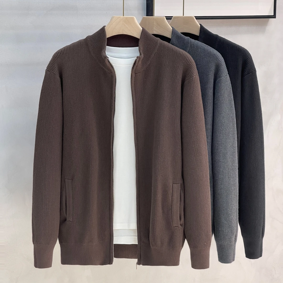 波浪纹针法半高领针织开衫男士夹克复古毛衣拉链外套休闲纯色冬款