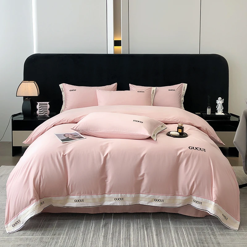 新款全棉轻奢加厚新疆长绒棉高档纯色磨毛刺绣四件套绣花床上用品