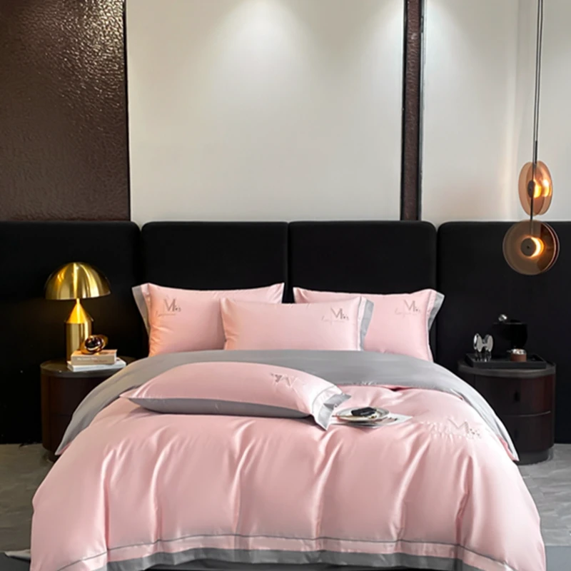 新款全棉轻奢加厚新疆长绒棉高档纯色刺绣四件套被套磨毛床上用品