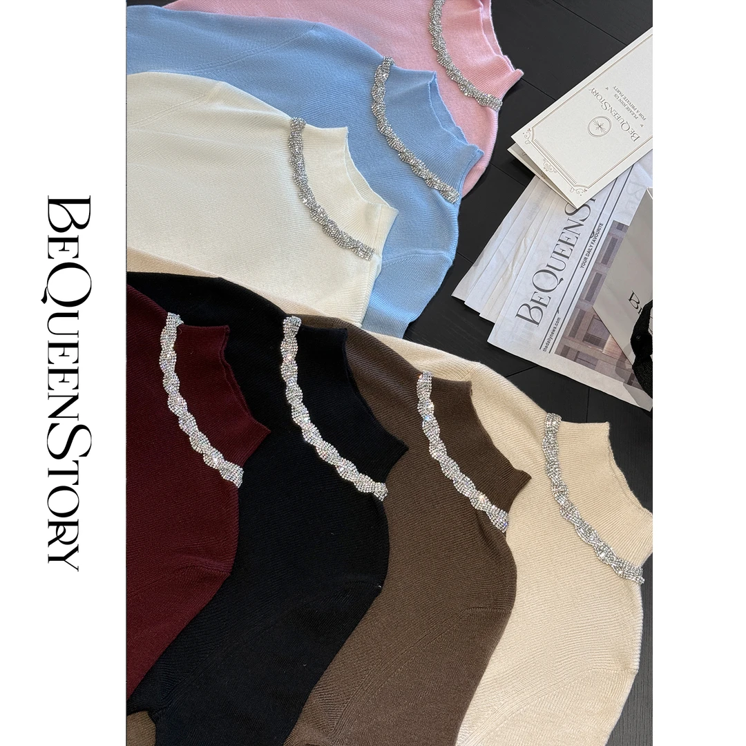 BeQueenStory【温柔星辉】时尚长袖显瘦蕾丝花边半高领打底衫