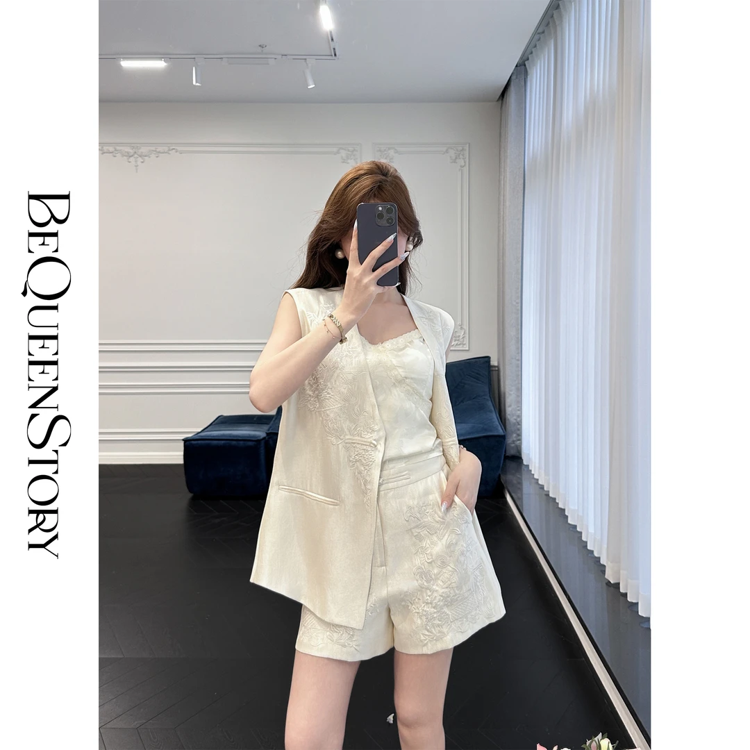 BeQueenStory【静水楼台】新中式气质手工盘扣马甲&微A短裤2025新款