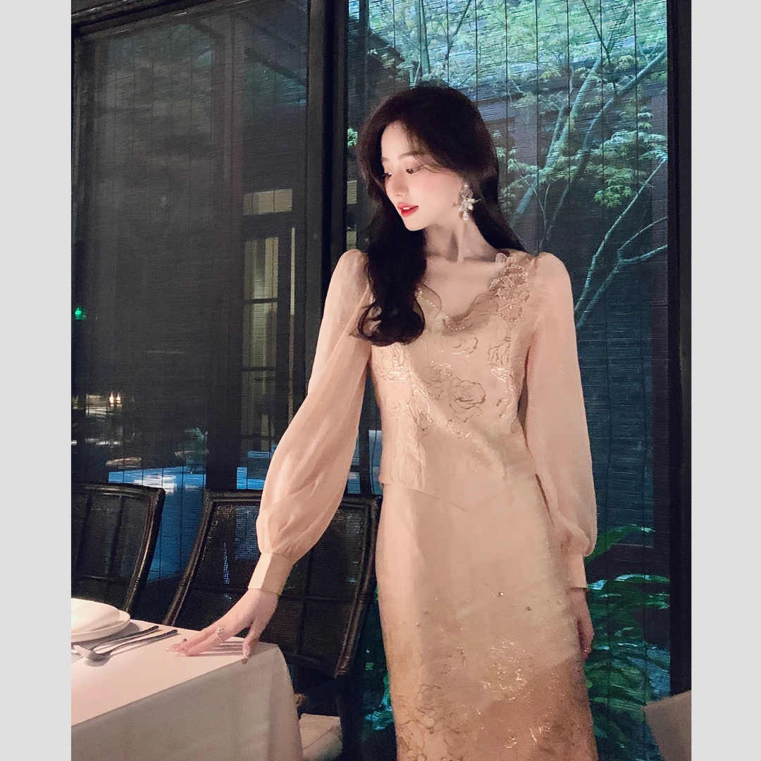 BeQueenStory【鎏金玫瑰】轻奢名媛风高贵提花套装女新款