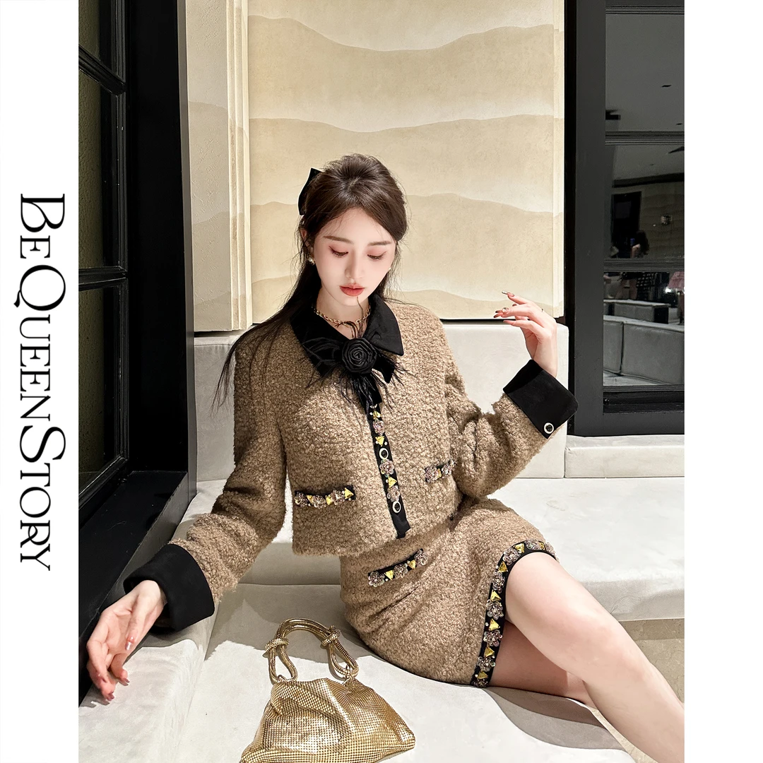 BeQueenStory【缪系千金】高定羊毛重工拼接麂皮时尚美拉德套装