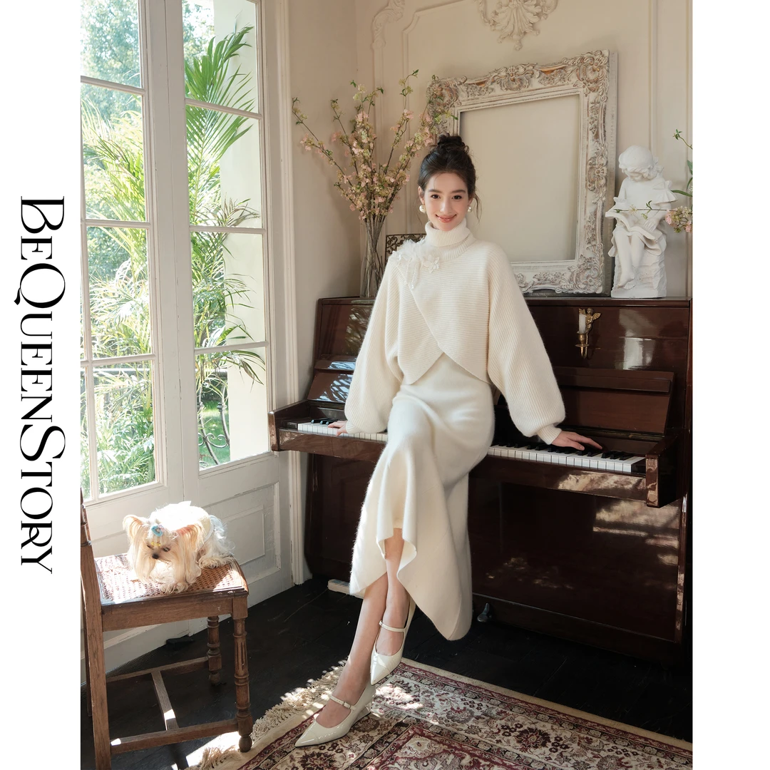 BeQueenStory【倚梦清欢】甄选浣熊绒澳毛加厚毛衣&连衣裙套装