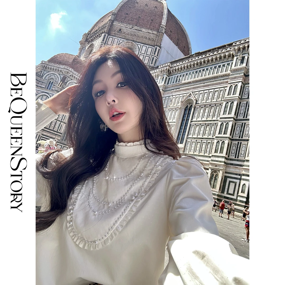 BeQueenStory【宫廷梦境】重工可拆卸绑带钉珠优雅百搭木耳边衬衫